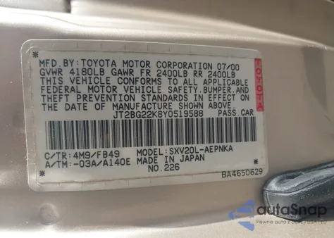 2000 Toyota Camry Le из США, поврежденный, VIN JT2BG22K8Y0519588